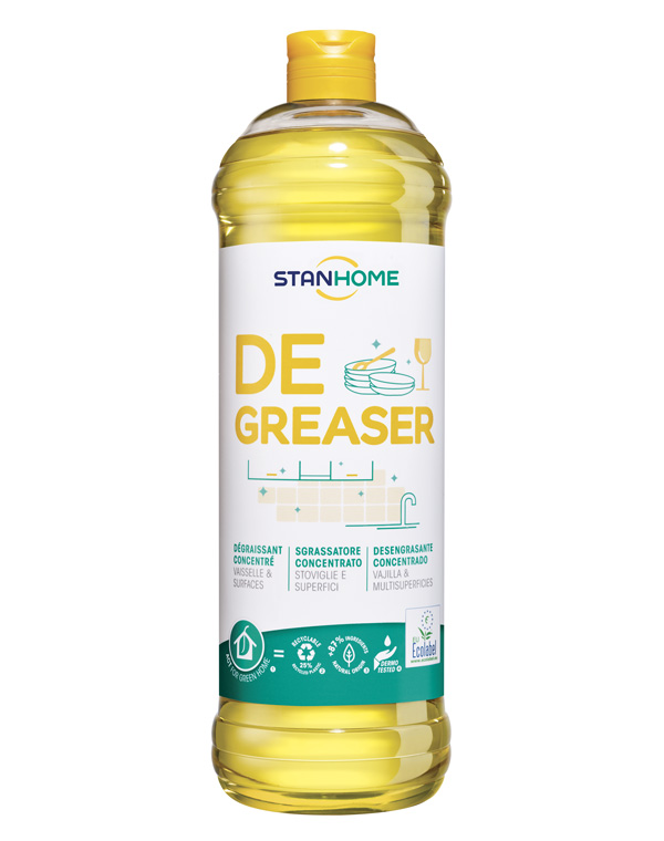 Degreaser
dégraisse efficacement, élimine toutes les traces même les plus tenaces. L'anti-odeur contenu dans son parfum élimine les mauvaises odeurs de cuisine. S’utilise pur ou dilué.
Certifié Ecolabel.